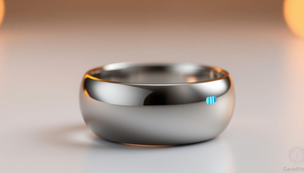 A close-up view of a sleek, modern smart ring made of polished titanium, with a smooth, minimalist design. The ring's surface is embedded with advanced sensors that continuously monitor the wearer's vital signs, including heart rate, blood oxygen levels, and body temperature. Discreet LED indicators on the side of the ring provide real-time feedback on the wearer's health and wellness status. The scene is illuminated by soft, warm lighting that accentuates the ring's elegant, futuristic aesthetic, creating a sense of sophisticated, high-tech functionality.