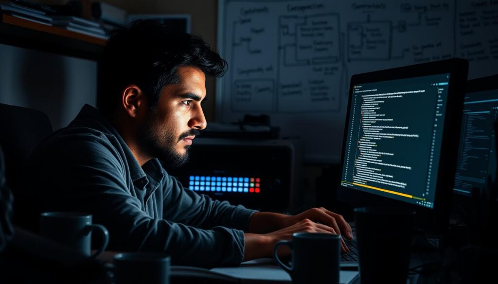 A dimly lit software development office, with a programmer deeply engrossed in solving a complex coding problem. The desk is cluttered with coffee mugs, reference books, and scattered notes, creating an atmosphere of focused intensity. The programmer's face is illuminated by the glow of the computer screen, their brow furrowed in concentration as they navigate through lines of code, seeking the elusive solution. In the background, a whiteboard covered in diagrams and flowcharts, a testament to the methodical problem-solving process. Subtle shadows and highlights accentuate the programmer's features, conveying a sense of determination and perseverance in the face of a challenging task. The overall scene evokes the essence of "Resolução de Problemas em Programação" - the critical thinking and problem-solving skills essential for modern software developers.