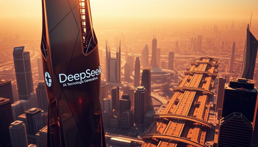 A dynamic, futuristic cityscape bathed in warm, golden light. In the foreground, a towering, angular building with sleek, metallic surfaces and intricate architectural details, emblazoned with the "DeepSeek IA Tecnologia Generativa" logo. In the middle ground, a bustling urban landscape of high-rise skyscrapers and gleaming transport infrastructure. In the background, a hazy, distant horizon, hinting at the vast scale and ambition of this cutting-edge AI technology. The scene conveys a sense of innovation, progress, and the transformative power of generative AI, reflecting the revolutionary impact of DeepSeek in the rapidly evolving world of AI. A dynamic, futuristic cityscape bathed in warm, golden light. In the foreground, a towering, angular building with sleek, metallic surfaces and intricate architectural details, emblazoned with the "DeepSeek IA Tecnologia Generativa" logo. In the middle ground, a bustling urban landscape of high-rise skyscrapers and gleaming transport infrastructure. In the background, a hazy, distant horizon, hinting at the vast scale and ambition of this cutting-edge AI technology. The scene conveys a sense of innovation, progress, and the transformative power of generative AI, reflecting the revolutionary impact of DeepSeek in the rapidly evolving world of AI.