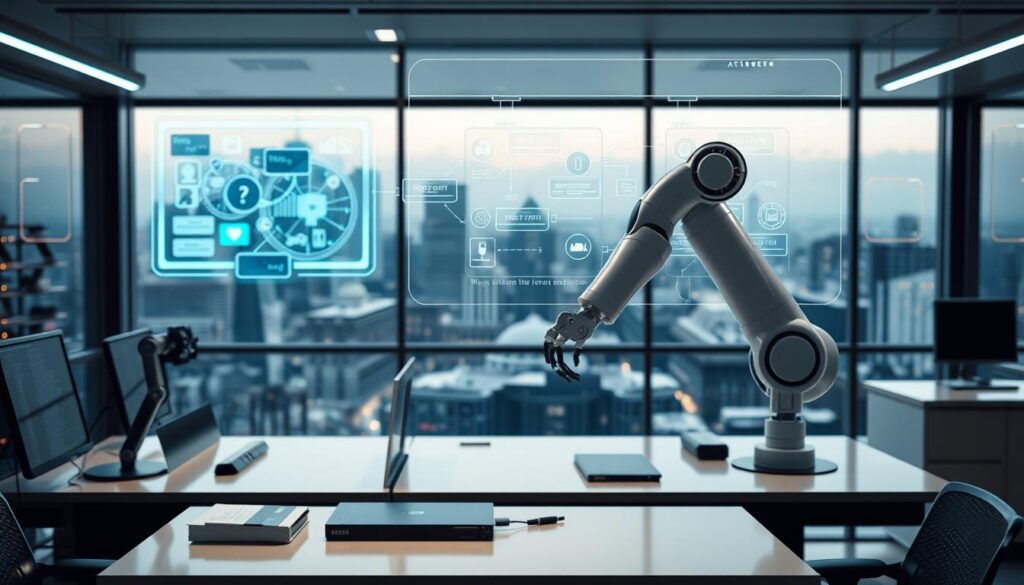 A futuristic office setting, with an array of intelligent automation technologies at the forefront. In the foreground, a sleek robotic arm diligently performs repetitive tasks, its movements fluid and precise. In the middle ground, a holographic interface displays intricate process workflows, showcasing the seamless integration of AI-driven automation. The background features a panoramic view of a bustling cityscape, hinting at the far-reaching impact of these transformative technologies on the modern workplace. The lighting is a balanced mix of cool tones and warm accents, creating a sense of efficiency and innovation. The camera angle is slightly elevated, providing an immersive perspective that captures the scale and sophistication of the automation process. A futuristic office setting, with an array of intelligent automation technologies at the forefront. In the foreground, a sleek robotic arm diligently performs repetitive tasks, its movements fluid and precise. In the middle ground, a holographic interface displays intricate process workflows, showcasing the seamless integration of AI-driven automation. The background features a panoramic view of a bustling cityscape, hinting at the far-reaching impact of these transformative technologies on the modern workplace. The lighting is a balanced mix of cool tones and warm accents, creating a sense of efficiency and innovation. The camera angle is slightly elevated, providing an immersive perspective that captures the scale and sophistication of the automation process.