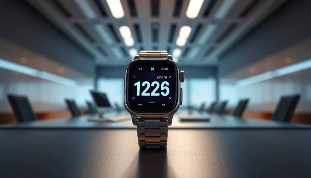 A high-end smartwatch with advanced health monitoring features, showcased against a sleek, modern backdrop. The device prominently displayed, its polished metal casing and vibrant digital display catching the light from a soft, directional source. In the middle ground, a minimalist workspace with clean lines and subtle textures, creating a sense of sophistication. The background blurred yet still hinting at a professional, technology-driven environment. An overall tone of premium quality, cutting-edge innovation, and personal wellness tracking.