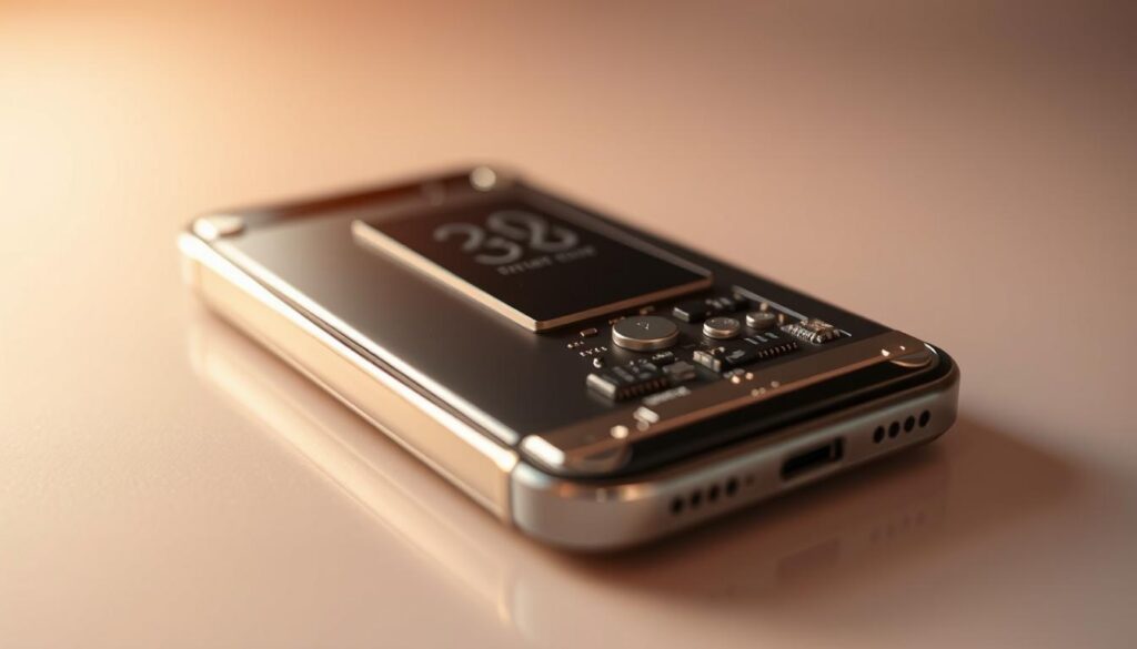 A high-performance smartphone battery, its metallic casing gleaming under warm studio lighting. The battery's internal components are visible, showcasing its advanced circuitry and efficient power management system. The foreground is sharp and in focus, drawing the viewer's attention to the battery's technical details. The background is blurred, creating a sense of depth and emphasizing the battery's central role. The image conveys a mood of innovation, reliability, and cutting-edge technology, perfectly suited to illustrate the "Battery Life and Fast Charging" section of the smartphone review article.