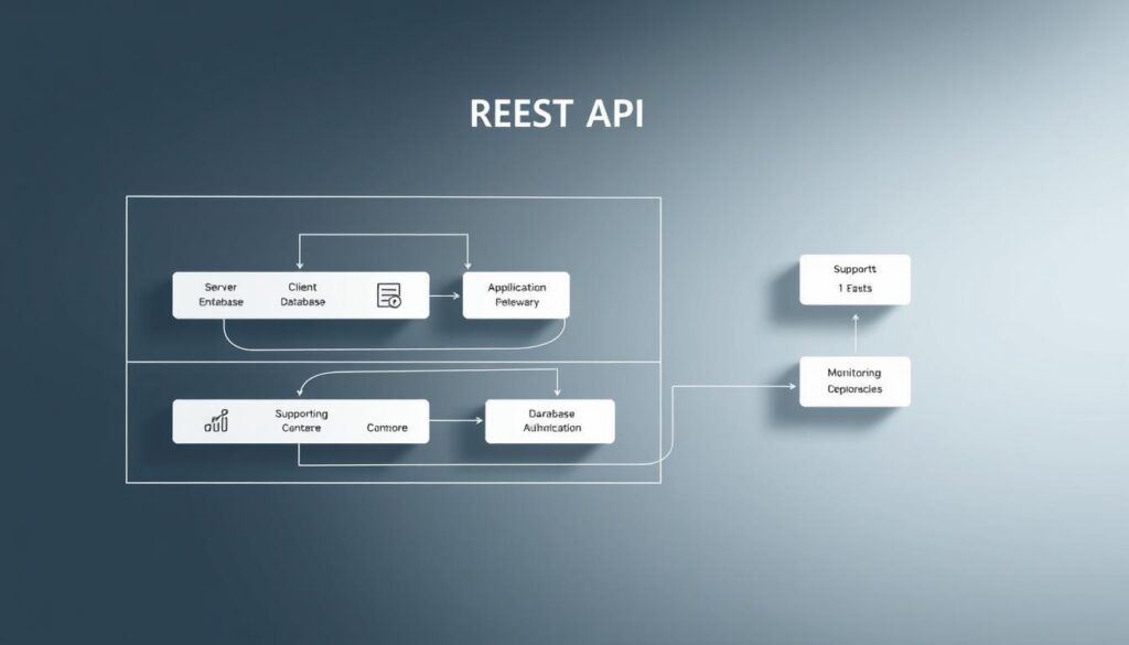 A high-quality architectural diagram depicting a modern REST API system, featuring a sleek, minimalist design with clean lines and a balanced composition. The foreground showcases the core API components - the server, database, and client applications - interconnected by well-defined endpoints and data flows. The middle ground includes supporting elements such as authentication, authorization, and monitoring services, emphasizing the comprehensive nature of the architecture. The background sets the scene with a subtle, futuristic cityscape, hinting at the broader context of the API's integration within a larger software ecosystem. Lighting is crisp and directional, creating depth and highlighting the technical details. The overall mood is one of efficiency, scalability, and the power of well-designed APIs to drive modern application development.