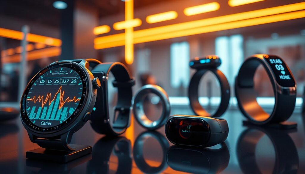 A high-tech display showcasing an array of sleek, state-of-the-art wearable health gadgets. In the foreground, a smartwatch with a vibrant, holographic display tracking vital signs. Beside it, a futuristic fitness tracker with biometric sensors embedded in a seamless, ergonomic design. In the middle ground, a set of wireless earbuds with advanced noise-cancellation and real-time health monitoring capabilities. In the background, a stylish smart ring and a high-tech wristband with intuitive touchscreen controls. The scene is bathed in a warm, futuristic glow, creating an atmosphere of innovation and wellness. The lighting is soft and directional, accentuating the sleek, modern aesthetic of the gadgets. Captured with a wide-angle lens to showcase the full range of technologies in a cohesive, visually striking composition. A high-tech display showcasing an array of sleek, state-of-the-art wearable health gadgets. In the foreground, a smartwatch with a vibrant, holographic display tracking vital signs. Beside it, a futuristic fitness tracker with biometric sensors embedded in a seamless, ergonomic design. In the middle ground, a set of wireless earbuds with advanced noise-cancellation and real-time health monitoring capabilities. In the background, a stylish smart ring and a high-tech wristband with intuitive touchscreen controls. The scene is bathed in a warm, futuristic glow, creating an atmosphere of innovation and wellness. The lighting is soft and directional, accentuating the sleek, modern aesthetic of the gadgets. Captured with a wide-angle lens to showcase the full range of technologies in a cohesive, visually striking composition.