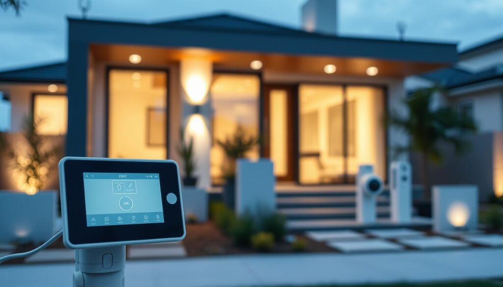 A high-tech security system guards a smart home, with sleek, discreet cameras monitoring the premises. In the foreground, a state-of-the-art security panel flashes with a minimalist interface, seamlessly integrating with smart home devices. The middle ground features an array of intelligent sensors and motion detectors, blending into the modern, clean architecture. The background showcases a serene, well-lit exterior, with subtle outdoor lighting accenting the home's contemporary design. The overall atmosphere conveys a sense of safety, control, and technological sophistication, perfect for a smart home security feature.