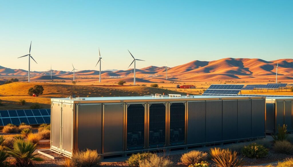 A large-scale thermal battery bank stands prominently in the foreground, its sleek metallic panels and intricate cooling systems glistening under the warm, golden lighting. In the middle ground, wind turbines and solar panels dot the landscape, harnessing renewable energy sources. The background depicts a vast, open expanse of rolling hills and a clear, azure sky, symbolizing the boundless potential of clean energy. The overall scene conveys a sense of technological sophistication, sustainable progress, and a harmonious integration of advanced energy storage solutions with renewable power generation.
