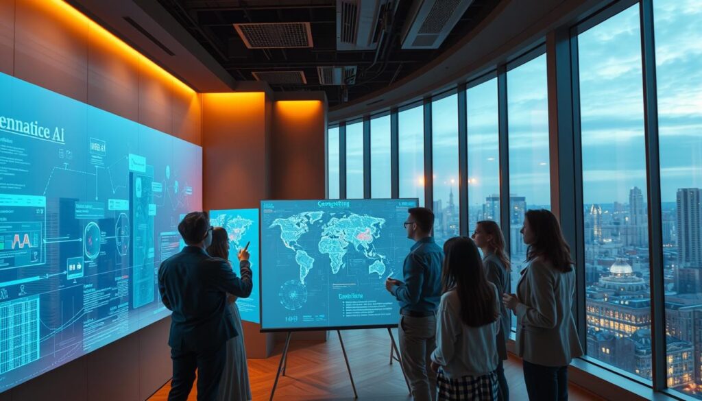 A modern corporate office interior, bathed in warm, ambient lighting. In the foreground, a group of diverse professionals intently collaborating on a digital whiteboard, immersed in a generative AI interface. Holographic projections and dynamic data visualizations fill the middle ground, showcasing the transformative impact of this new technology. In the background, floor-to-ceiling windows offer a panoramic view of a bustling metropolitan skyline, symbolizing the sweeping changes ushered in by the age of generative AI. The overall scene conveys a sense of innovation, synergy, and the seamless integration of advanced technology within the corporate environment.