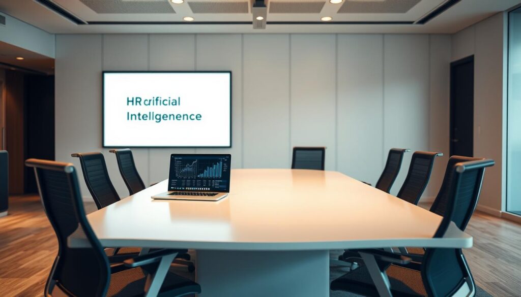 A modern office interior with a large, central table surrounded by ergonomic chairs. On the table, a laptop displays data visualizations and graphs, suggesting the integration of AI and digital transformation. Behind the table, a wall-mounted display screen shows a presentation on "HR and Artificial Intelligence". Warm, diffused lighting creates a professional, yet inviting atmosphere. The overall scene conveys the pivotal role of HR in embracing AI and digital change to optimize workflows and empower employees.