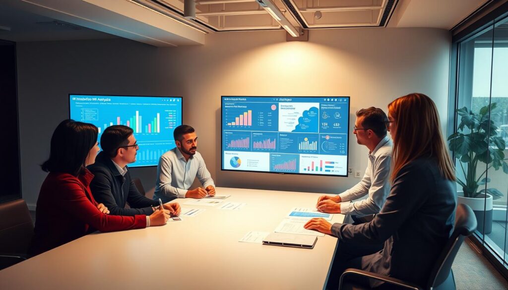 A modern office setting with a team of data analysts and HR professionals gathered around a large table, immersed in reviewing interactive data visualizations displayed on a sleek, high-resolution monitor. Soft, indirect lighting casts a warm glow, creating a collaborative and thoughtful atmosphere. The analysts wear a mix of formal and casual attire, reflecting a balance of professionalism and innovation. In the background, a stylized infographic showcases key HR metrics and insights, demonstrating the power of data-driven decision making in people management. The scene conveys a sense of data-informed, human-centric approach to organizational strategy and employee well-being.