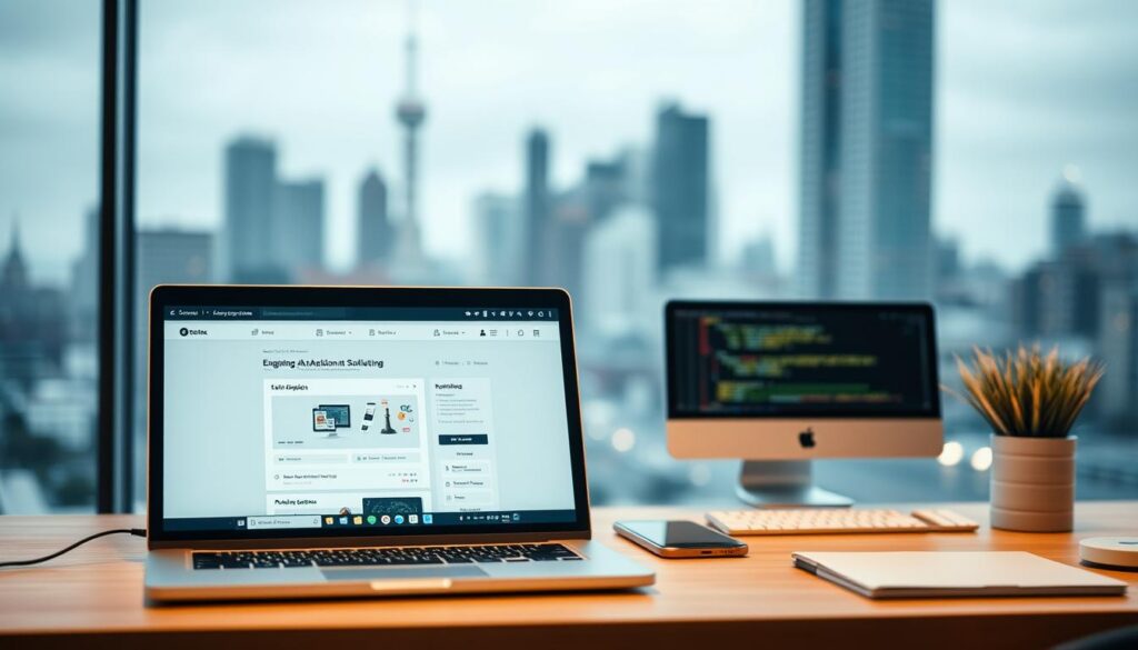 A modern web development project featuring a sleek, responsive design with a clean, minimalist aesthetic. The foreground showcases a laptop display presenting an engaging web application interface, with subtle animations and interactive elements. The middle ground depicts a workspace setting with thoughtfully arranged development tools, such as a tablet, smartphone, and code editor. The background features a blurred, atmospheric cityscape, conveying a sense of urban progress and technological innovation. The lighting is balanced, creating a warm, professional ambiance. The overall composition conveys a sense of skill, creativity, and the pursuit of web development mastery.