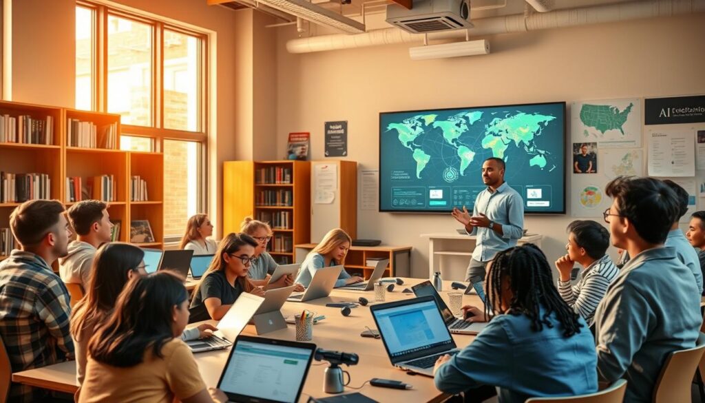 A modern, well-equipped classroom filled with students of diverse backgrounds, intently engaged in learning about artificial intelligence. The scene is bathed in warm, natural light that filters through large windows, creating a sense of openness and learning. In the foreground, a teacher stands at the front, gesturing enthusiastically while displaying an interactive AI-powered presentation on a large digital screen. In the middle ground, students work in small groups, collaborating on AI-based projects using laptops and tablets. The background features shelves of books, educational posters, and a world map, reflecting the global reach and impact of AI. The overall atmosphere conveys a spirit of curiosity, exploration, and the empowerment of future technology leaders.