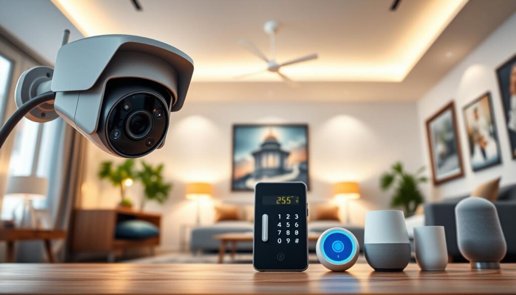 A modern, well-lit room showcasing an array of sleek, interconnected smart home security devices. In the foreground, a high-tech security camera with advanced motion tracking and night vision capabilities. In the middle ground, a smart keypad with biometric authentication and remote access controls. In the background, smart lighting fixtures and an intelligent home assistant, all seamlessly integrated to create a comprehensive, futuristic home security system. The scene conveys a sense of cutting-edge technology, convenience, and peace of mind for the homeowner. A modern, well-lit room showcasing an array of sleek, interconnected smart home security devices. In the foreground, a high-tech security camera with advanced motion tracking and night vision capabilities. In the middle ground, a smart keypad with biometric authentication and remote access controls. In the background, smart lighting fixtures and an intelligent home assistant, all seamlessly integrated to create a comprehensive, futuristic home security system. The scene conveys a sense of cutting-edge technology, convenience, and peace of mind for the homeowner.