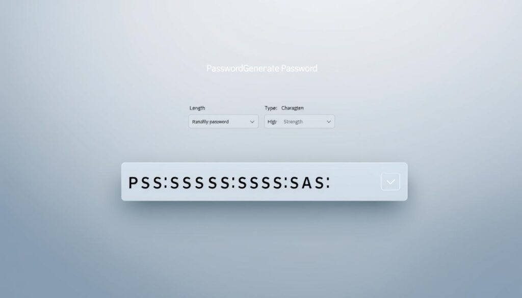 A sleek and modern password generator interface, with a clean and minimalist design. In the foreground, a large password display area takes center stage, showcasing a randomly generated, highly secure password. The middle ground features various configuration options, such as password length, character types, and strength indicators, all presented in a user-friendly manner. The background is a subtle gradient, allowing the focus to remain on the password generation process. Soft, diffused lighting creates a calming and professional atmosphere, inviting the user to generate their next secure password with ease.