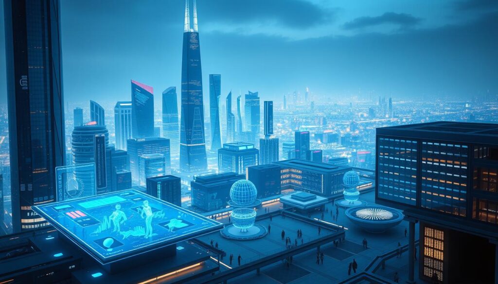 A sleek, futuristic cityscape with towering skyscrapers and gleaming futuristic architecture. In the foreground, dynamic holographic displays showcase the latest advancements in artificial intelligence, with data visualizations, 3D projections, and intuitive user interfaces. The middle ground features research laboratories and innovation hubs, bustling with activity as teams of scientists and engineers collaborate on groundbreaking AI projects. The background is dominated by a sprawling network of interconnected data centers and server farms, emitting a soft glow and hum, powering the technological marvels of the future. The scene is bathed in a cool, blue-tinted lighting, conveying a sense of technological sophistication and progress. Overall, the image should evoke a sense of awe and excitement about the transformative potential of AI in the years to come.