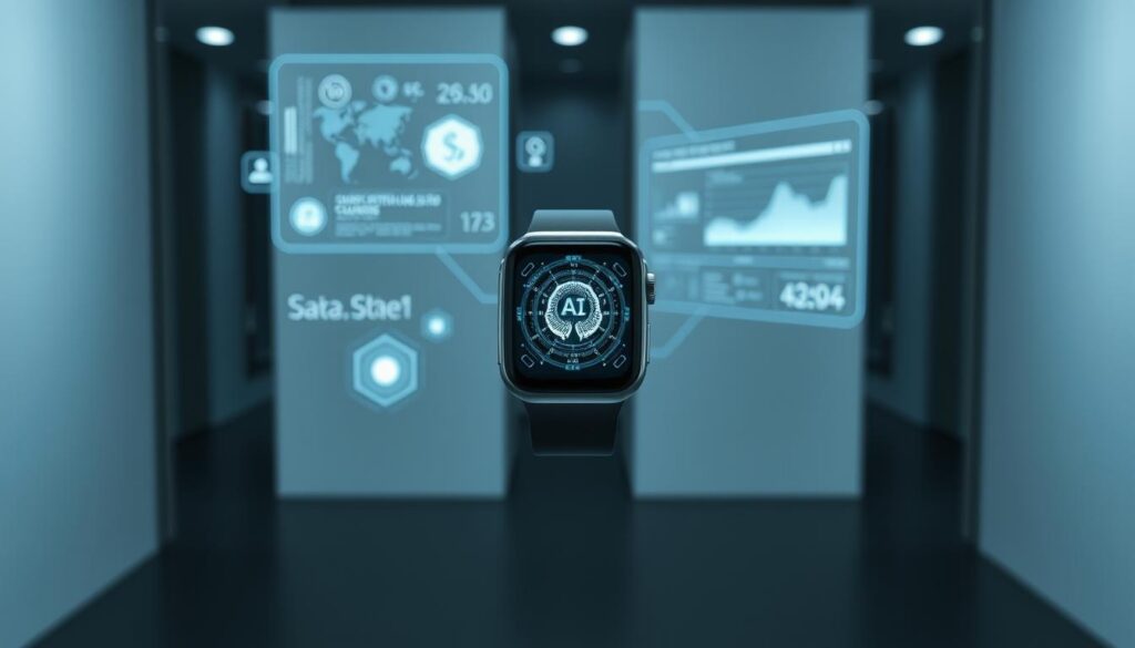 A sleek, futuristic wearable device hovers in the foreground, its display showcasing intricate AI-powered visualizations. In the middle ground, holographic interfaces project data and analytics, illustrating the seamless integration of artificial intelligence into everyday consumer products. The background depicts a clean, minimalist environment with subtle lighting, evoking a sense of technological sophistication and innovation. The overall scene conveys the power of AI to enhance the functionality and user experience of modern wearables, providing a glimpse into the future of consumer electronics. A sleek, futuristic wearable device hovers in the foreground, its display showcasing intricate AI-powered visualizations. In the middle ground, holographic interfaces project data and analytics, illustrating the seamless integration of artificial intelligence into everyday consumer products. The background depicts a clean, minimalist environment with subtle lighting, evoking a sense of technological sophistication and innovation. The overall scene conveys the power of AI to enhance the functionality and user experience of modern wearables, providing a glimpse into the future of consumer electronics.