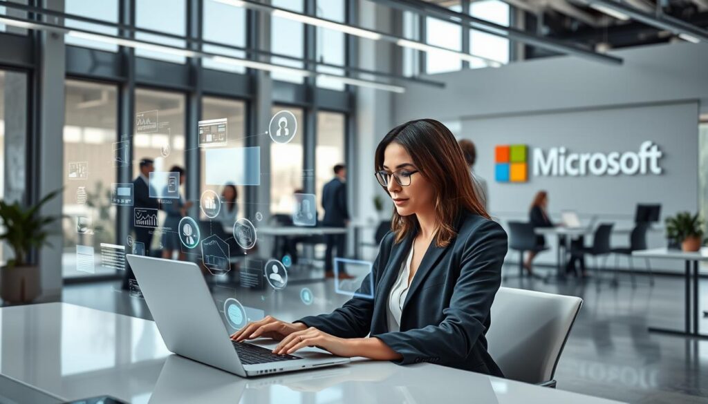 A sleek, modern office setting with natural light streaming in through large windows. In the foreground, a professional businesswoman sits at a desk, intently focused on a laptop screen displaying the Microsoft Copilot interface. Floating holograms and data visualizations surround her, providing real-time insights and suggestions to boost her productivity. The middle ground features other employees collaborating seamlessly, their workflows enhanced by the AI assistant's capabilities. In the background, the Microsoft logo is prominently displayed, conveying the integration of Copilot within the company's enterprise productivity ecosystem. The overall atmosphere is one of efficiency, innovation, and the seamless fusion of human and artificial intelligence.