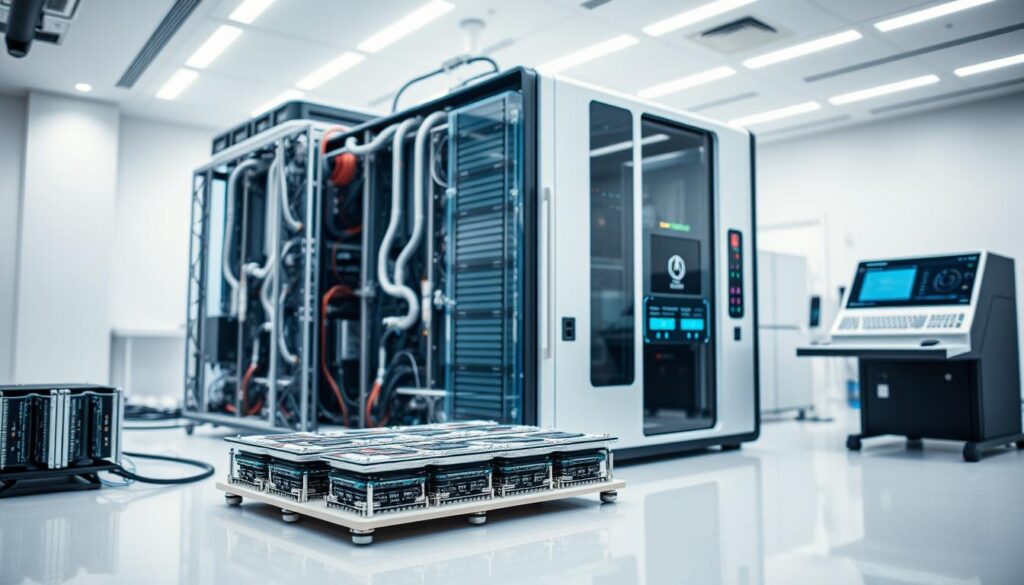 A sleek, modern quantum computer architecture, with a complex network of superconducting quantum processors and cryogenic control systems. The foreground features a collection of precisely engineered quantum chips, their intricate circuitry and cooling systems visible through a transparent casing. In the middle ground, a sophisticated control panel with touchscreens, indicator lights, and advanced control interfaces. The background reveals a minimalist, well-lit laboratory setting, with clean white walls and floors, and hints of other quantum computing hardware. The lighting is soft and diffused, creating a sense of technological elegance and scientific innovation. The overall atmosphere conveys the cutting-edge nature of quantum computing technology and its potential to transform the future of computing.