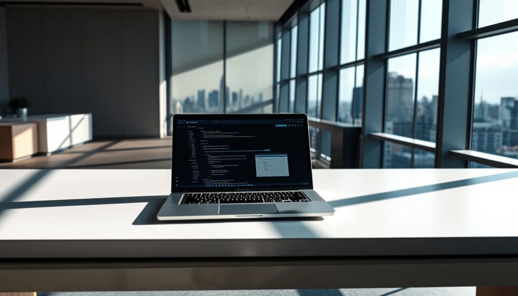 A sleek, modern workspace with a large desk and a powerful laptop prominently displayed. The laptop's screen shows the GitHub Copilot interface, indicating its use for enhanced programming productivity. Soft, directional lighting illuminates the scene, casting subtle shadows and highlighting the laptop's elegant design. In the background, a large window offers a view of a bustling city skyline, symbolizing the collaborative and dynamic nature of software development. The overall atmosphere conveys a sense of focused efficiency and technological prowess.