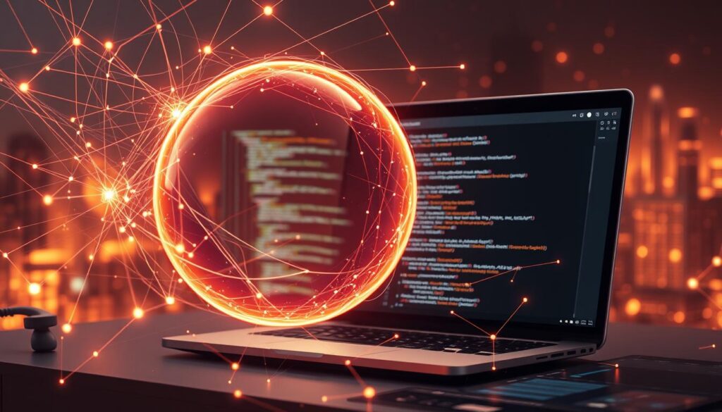 A sophisticated and visually captivating image depicting the intersection of generative AI and software development. In the foreground, a glowing, translucent sphere hovers, representing the diffusion model at the heart of this generative process. Surrounding it, intricate lines and shapes flow dynamically, suggesting the complex algorithms and data flows that power these AI-driven tools. In the middle ground, a laptop screen displays code snippets and algorithmic visualizations, hinting at the integration of these technologies into the software development workflow. The background features a futuristic, abstract cityscape, hinting at the broader societal and technological transformations driven by these advancements. The overall scene is bathed in a warm, ethereal light, conveying a sense of innovation, potential, and the seamless interplay between human and machine intelligence.