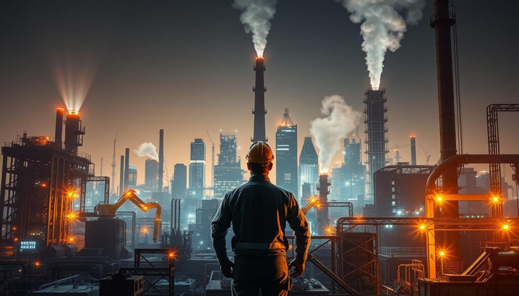 A towering digital skyline emerges, blending traditional factory silhouettes with shimmering technological appendages. In the foreground, a worker oversees the seamless integration of cutting-edge robotics and smart manufacturing systems, their deft movements mirroring the dance of innovation. The middle ground showcases a convergence of legacy machinery and state-of-the-art sensors, weaving a tapestry of old and new. Warm lighting from overhead illuminates the scene, casting a hopeful glow upon the transformation unfolding before us. Wisps of digital fog drift through the air, hinting at the data-driven future that is taking shape within these hallowed halls of industry.