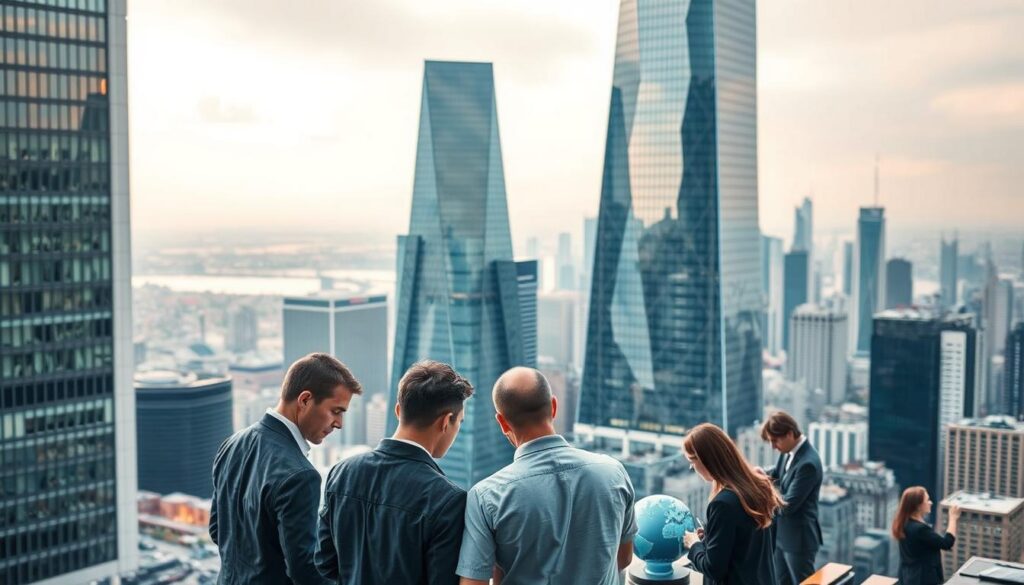 A towering skyscraper of steel and glass, its sleek facade reflecting the dynamism of corporate innovation. In the foreground, a team of executives huddled around a holographic display, their expressions intense as they chart a course through uncharted territory. The middle ground is alive with activity - engineers tinkering with prototypes, designers sketching bold new concepts, all driven by a shared vision of reinvention. In the background, the city skyline stretches out, a testament to the endless possibilities that lie ahead. Soft, diffused lighting casts a warm, collaborative glow, capturing the spirit of strategic transformation. Shoot this scene with a wide-angle lens to convey a sense of scale and ambition, and use a shallow depth of field to draw the viewer's eye to the central figures. A towering skyscraper of steel and glass, its sleek facade reflecting the dynamism of corporate innovation. In the foreground, a team of executives huddled around a holographic display, their expressions intense as they chart a course through uncharted territory. The middle ground is alive with activity - engineers tinkering with prototypes, designers sketching bold new concepts, all driven by a shared vision of reinvention. In the background, the city skyline stretches out, a testament to the endless possibilities that lie ahead. Soft, diffused lighting casts a warm, collaborative glow, capturing the spirit of strategic transformation. Shoot this scene with a wide-angle lens to convey a sense of scale and ambition, and use a shallow depth of field to draw the viewer's eye to the central figures.