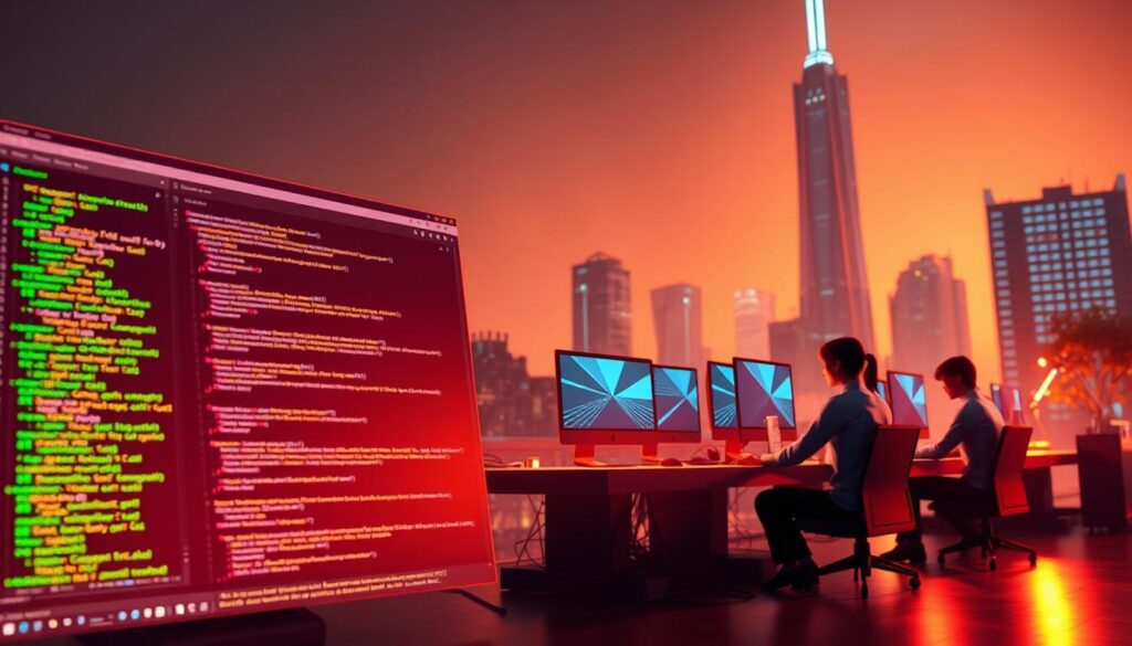 A vibrant 3D scene depicting the evolution of C# and its impact on the gaming industry. In the foreground, a Unity game engine interface showcases intricate code snippets and game assets. The middle ground features a group of developers collaborating on a sleek, futuristic game prototype, their faces illuminated by the glow of computer screens. In the background, a towering skyscraper symbolizes the integration of C# within enterprise-level applications. Warm lighting casts a sense of technical innovation, while a subtle haze suggests the rapid pace of progress in this dynamic field. The overall composition conveys the synergy between C# and the contemporary gaming and software development landscape. A vibrant 3D scene depicting the evolution of C# and its impact on the gaming industry. In the foreground, a Unity game engine interface showcases intricate code snippets and game assets. The middle ground features a group of developers collaborating on a sleek, futuristic game prototype, their faces illuminated by the glow of computer screens. In the background, a towering skyscraper symbolizes the integration of C# within enterprise-level applications. Warm lighting casts a sense of technical innovation, while a subtle haze suggests the rapid pace of progress in this dynamic field. The overall composition conveys the synergy between C# and the contemporary gaming and software development landscape.