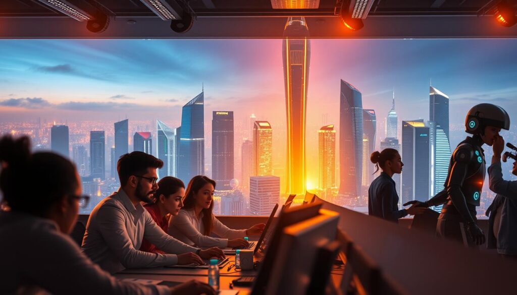 A vibrant and dynamic scene showcasing the digital transformation of prominent Brazilian companies. In the foreground, a group of diverse professionals collaborating at a modern workstation, deep in thought as they navigate the latest digital tools and software. In the middle ground, a towering digital cityscape, with soaring skyscrapers and sleek, futuristic architecture, symbolizing the technological advancements transforming the Brazilian business landscape. The background is bathed in a warm, golden glow, conveying a sense of progress and prosperity, as the scene is illuminated by a dramatic, cinematic lighting setup. Subtle details, such as holographic displays, robotic assistants, and a pervasive air of innovation, further enhance the immersive, forward-thinking atmosphere. A vibrant and dynamic scene showcasing the digital transformation of prominent Brazilian companies. In the foreground, a group of diverse professionals collaborating at a modern workstation, deep in thought as they navigate the latest digital tools and software. In the middle ground, a towering digital cityscape, with soaring skyscrapers and sleek, futuristic architecture, symbolizing the technological advancements transforming the Brazilian business landscape. The background is bathed in a warm, golden glow, conveying a sense of progress and prosperity, as the scene is illuminated by a dramatic, cinematic lighting setup. Subtle details, such as holographic displays, robotic assistants, and a pervasive air of innovation, further enhance the immersive, forward-thinking atmosphere.