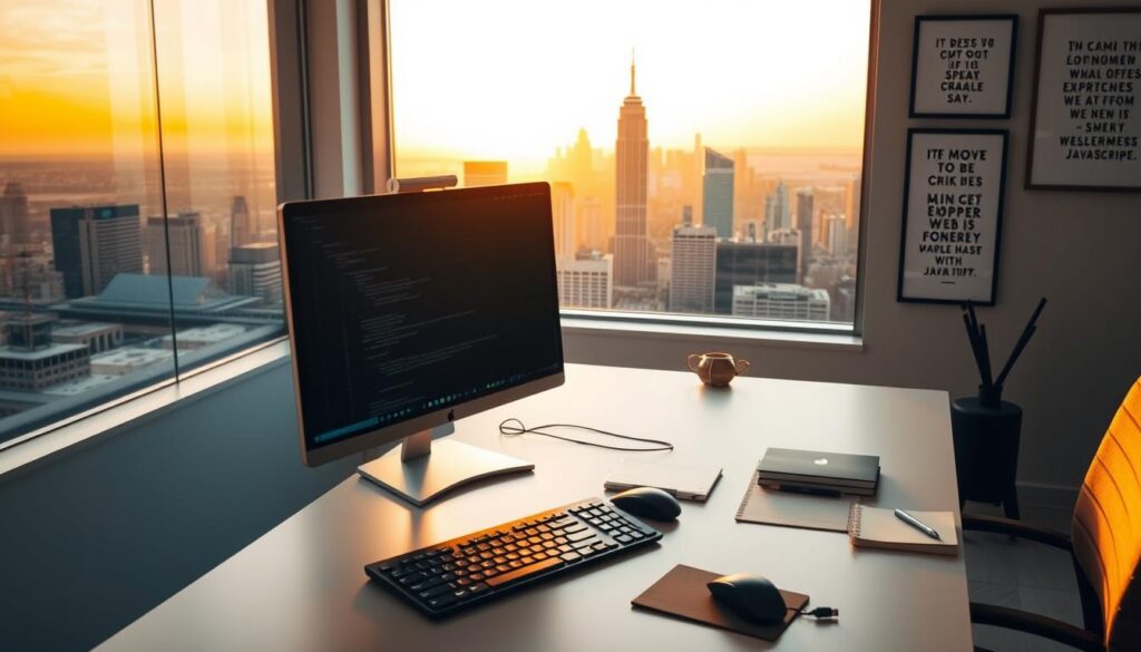 A well-lit, minimalist workspace with a sleek desktop computer, a high-quality monitor, and a clean, organized desk. The background features a large window with a view of a vibrant city skyline, bathed in warm, golden hour sunlight. The desk is adorned with various dev tools, including a mechanical keyboard, a stylish mouse, and a compact notebook. The walls are lined with framed artwork and inspirational quotes related to programming and web development. The overall atmosphere exudes a sense of focus, productivity, and a deep passion for crafting cutting-edge web experiences with JavaScript.