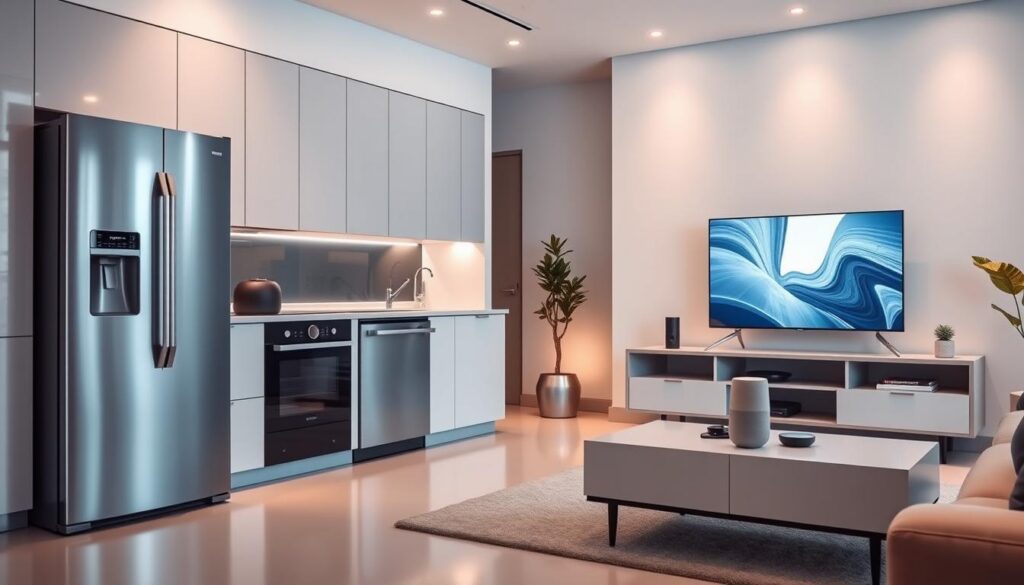 Cutting-edge modern smart home appliances arranged in a sleek, minimalist setting. A stylish kitchen with a high-tech fridge, oven, and dishwasher integrated seamlessly into the streamlined design. In the living room, a voice-controlled smart TV and home assistant device sit atop a modern media console. Subtle ambient lighting and clean lines evoke a futuristic, automated domestic atmosphere. Advanced sensors, connectivity, and AI-powered features showcase the revolutionary potential of intelligent home technology. Captured with a wide-angle lens to emphasize the integrated, harmonious nature of these sophisticated domestic devices. Cutting-edge modern smart home appliances arranged in a sleek, minimalist setting. A stylish kitchen with a high-tech fridge, oven, and dishwasher integrated seamlessly into the streamlined design. In the living room, a voice-controlled smart TV and home assistant device sit atop a modern media console. Subtle ambient lighting and clean lines evoke a futuristic, automated domestic atmosphere. Advanced sensors, connectivity, and AI-powered features showcase the revolutionary potential of intelligent home technology. Captured with a wide-angle lens to emphasize the integrated, harmonious nature of these sophisticated domestic devices.